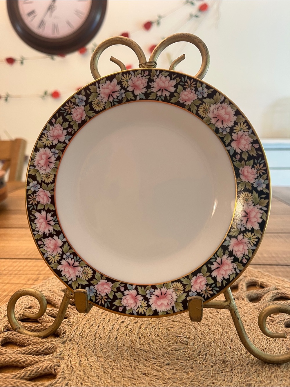Noritake Black Rim Plate with Pink Floral Pattern and Gold Trim